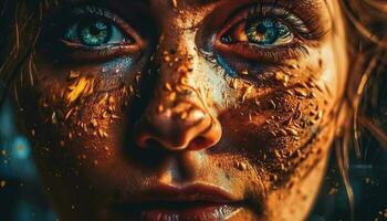 Jeune femme souriant humide de pluie généré par ai photo