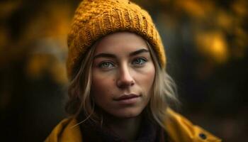 Jeune femme dans tricoter chapeau sourit en plein air généré par ai photo