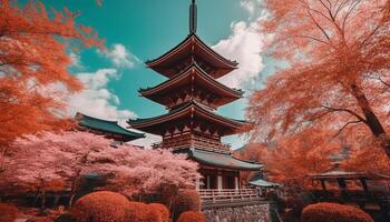 ancien pagode des stands grand au milieu de Cerise fleurs généré par ai photo