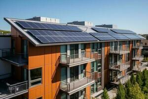 respectueux de la nature appartement bâtiment avec solaire panneaux sur ses toit. génératif ai photo