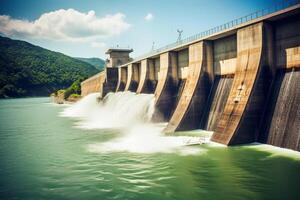 massif barrage libération une puissant se ruer de l'eau. génératif ai photo