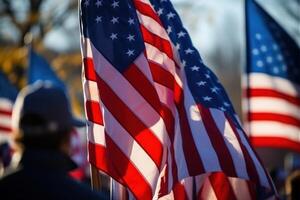 foule recueillies autour le américain drapeaux sur une patriotique occasion. génératif ai photo