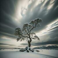 hiver paysage avec congelé Lac et neigeux arbre. spectaculaire ciel. génératif ai photo