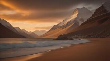 magnifique paysage avec montagnes et Lac à le coucher du soleil. génératif ai photo