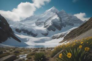 patagonien paysage avec neige couvert montagnes et fleurs, Argentine, Sud Amérique. génératif ai photo