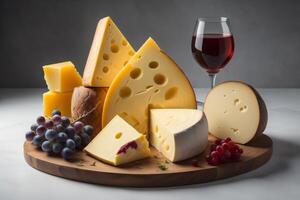 divers les types de fromage avec une verre de rouge du vin sur une blanc Contexte. génératif ai photo