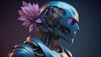 une femelle robot avec une rose lotus fleur. génératif ai photo