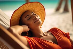 femme bain de soleil sur le plage dans le Caraïbes ai généré photo