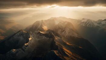 majestueux Montagne de pointe perce le brumeux ciel généré par ai photo