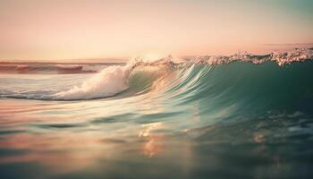 surfant Hommes balade vagues à le coucher du soleil plage généré par ai photo