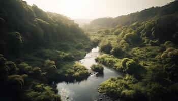 tranquille scène de vert forêt et écoulement l'eau généré par ai photo