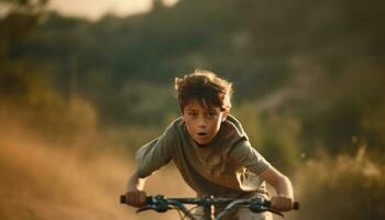 mignonne garçon cyclisme dans nature, profiter aventure généré par ai photo