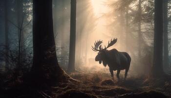 cornu cerf émerge de brumeux forêt mystère généré par ai photo