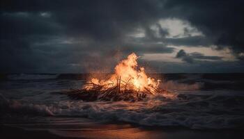 brûlant feu sur sablonneux plage à crépuscule généré par ai photo