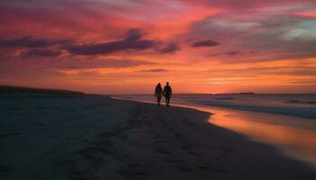 silhouette de couple en marchant sur plage à le coucher du soleil généré par ai photo