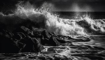 rupture vagues crash sur rocheux littoral, monochrome beauté généré par ai photo