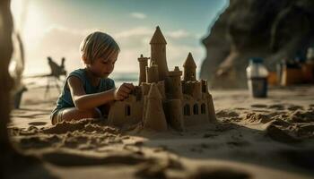 mignonne les enfants bâtiment châteaux de sable sur le plage généré par ai photo