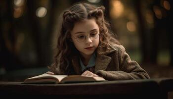 un mignonne fille en train de lire livre en plein air, souriant généré par ai photo