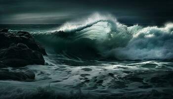 rupture vagues crash sur majestueux littoral à crépuscule généré par ai photo
