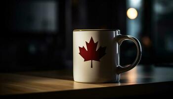 Frais café dans en bois tasse sur bureau généré par ai photo