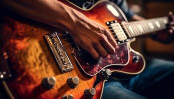 le guitariste qualifié les doigts cueillir le cordes de le sien acoustique généré par ai photo