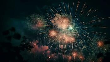 explosif feux d'artifice éclairer le foncé nuit ciel dans fête généré par ai photo