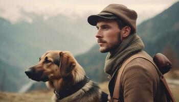 un homme randonnée avec le sien chien, profiter l'automne aventure généré par ai photo