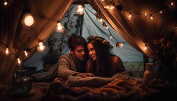 une confortable hiver fête avec souriant des couples embrassement par Feu généré par ai photo