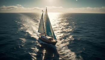 voile navire glisse sur bleu vagues, une été aventure attend généré par ai photo