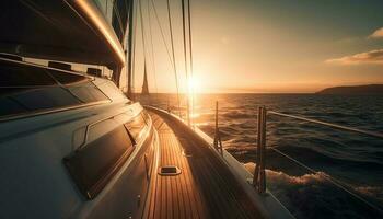 luxe yacht voiles à crépuscule, transportant les passagers sur romantique les vacances généré par ai photo