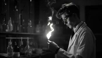 le Jeune scientifique, en portant une bouteille, concentrés sur chimique expérience généré par ai photo