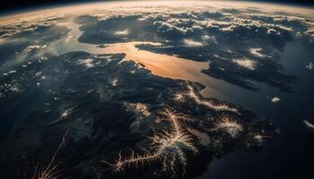 Profond sous-marin récif illuminé par brillant lumière du soleil et bleu vague généré par ai photo