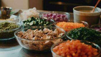 une gourmet salade bol avec Frais des légumes et en bonne santé Ingrédients généré par ai photo