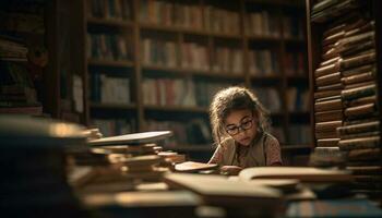 le Jeune fille, avec lunettes, lit une cahier de texte dans bibliothèque généré par ai photo