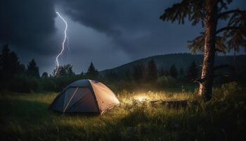 relaxation dans la nature feu illumine dôme tente sur Prairie à crépuscule généré par ai photo