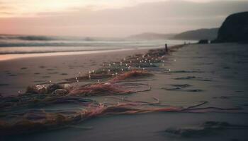 une tranquille scène à le des eaux bord, pêche net dans Contexte généré par ai photo