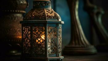 un fleuri antique lanterne illumine le sombre, rustique Contexte généré par ai photo