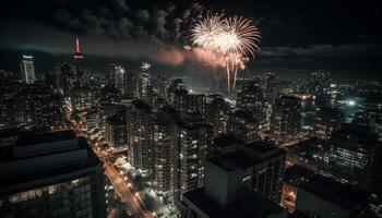 Quatrième de juillet feux d'artifice éclairer moderne ville horizon à crépuscule généré par ai photo