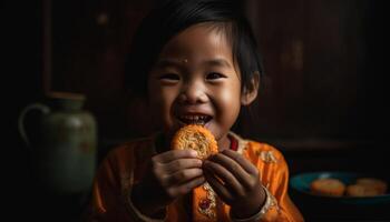 un mignonne enfant souriant, en mangeant fait maison biscuit, profiter enfance bonheur généré par ai photo