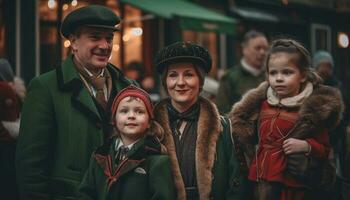 une de bonne humeur famille embrasse en plein air, profiter hiver les vacances et l'amour généré par ai photo