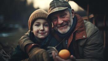 Trois générations de famille embrasse dans joyeux l'automne vacances portrait généré par ai photo