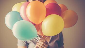 souriant enfant en portant bouquet de coloré des ballons, pur enfance jouissance généré par ai photo