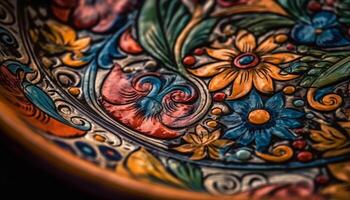 ancien poterie avec vibrant couleurs et fleuri floral motifs généré par ai photo