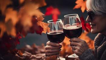 romantique couple jouit l'automne pique-nique avec rouge du vin et chaleur généré par ai photo