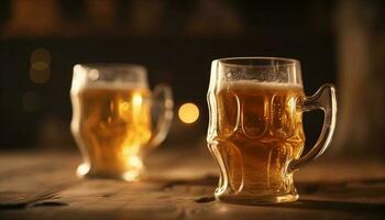 une mousseux or pinte de Frais Bière sur une en bois table généré par ai photo