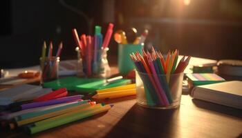 une coloré empiler de des crayons et crayons de couleur sur une en bois table généré par ai photo