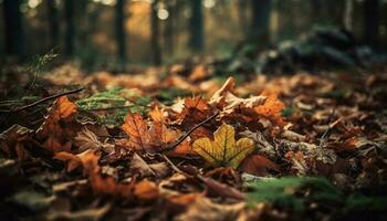 vibrant l'automne feuillage chutes sur tranquille forêt sentier dans lumière du soleil généré par ai photo