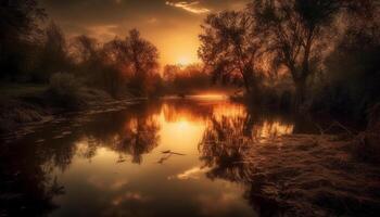 tranquille scène à crépuscule, réflexion de le coucher du soleil sur l'eau généré par ai photo