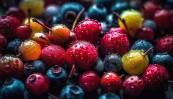 juteux myrtilles et framboises, Frais de la nature couvert de rosée embrasse généré par ai photo