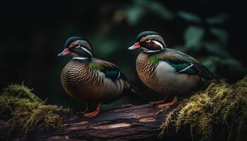 Masculin bois canard des stands dans tranquille l'automne étang, vibrant couleurs généré par ai photo